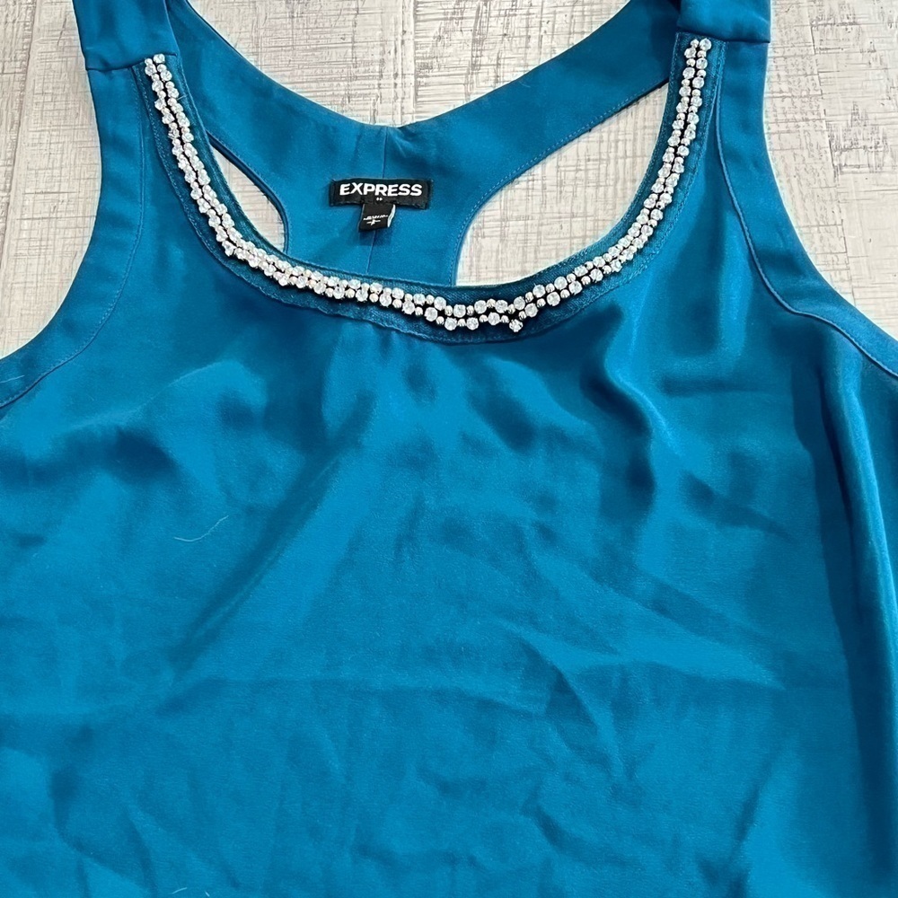 Express Teal Razor Back Blouse Crystal Beaded Collar Size Small - Picture 11 of 11